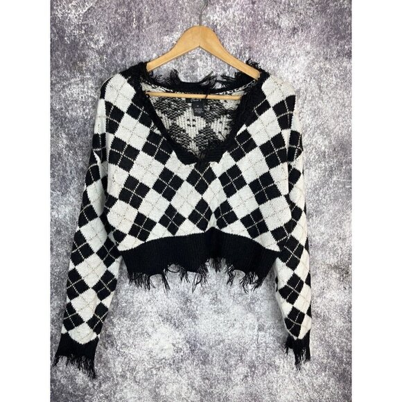 Just Polly New York Knit Argyle Cropped Fringe Sweater Women's Juniors Medium - Picture 1 of 8